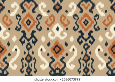 Padrão de tecido de ikat sem costura étnica. Padrão de tecido tribal geométrico tradicional em tons bege, marinho e terracota. Decorado com tecido abstrato. Vintage fundo tecido para roupas.