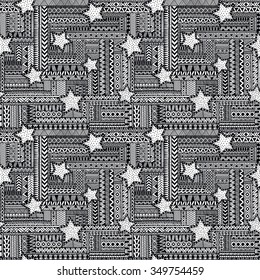 Ethnic seamless ornament. Zentangle pattern. Black and white vector illustration. Handmade, doodle.