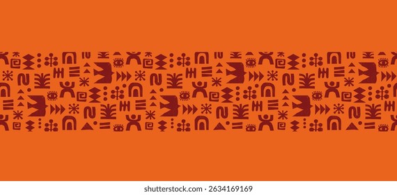 Ethnic seamless pattern with abstract geometric symbols on orange background. African tribal motifs in hand drawn style for textile or packaging design. Decorative vector illustration.