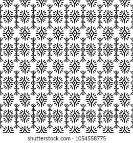 Ethnic seamless pattern. Abstract Monochrome primitively background with simple geometric shapes and motifs. Navajo motif. Trendy black and white illustration.