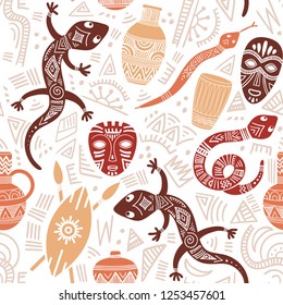 Ethnic seamless pattern with African motifs. Vector illustration. Perfect for textile print, wallpaper, cloth design, tissue, wrapping paper and fabric design.