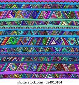 Ethnic seamless pattern African motifs. Bright, cheerful, traditional structure of triangles, zigzags and stripes, all painted by hand.