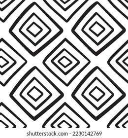 Patrón étnico sin fisuras, fondo de ornamento interminable de la tribu africana. Ilustración vectorial dibujada a mano, impresión textil, diseño de papel pintado. Negro y blanco
