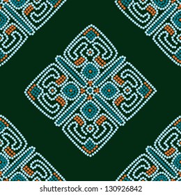 ethnic seamless pattern background in dark green and blue colors, vector illustration