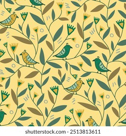 Ethnic seamless pattern of birds sitting on wavy branches with leaves and flowers. Stylized retro botanical background in yellow and green.