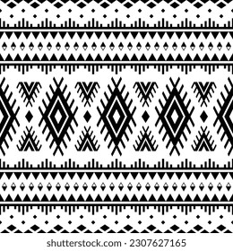 Ethnische nahtlose Muster in Schwarz-Weiß. Vektorgrafik im Stil eines Stammes mit amerikanischen Motiven. Design für Textilvorlagen, Gewebe, Kleidung, Vorhang, Teppich, Ornament, Hintergrund.