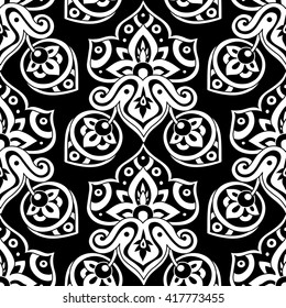 Ethnic seamless pattern in black and white colors. Boho style vector illustration. Oriental decorative elements. Abstract background.