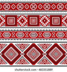 Ethnic seamless pattern with black, white, red colors. Inspired by ukrainian slavic traditional colors, motifs. Geometric background. Modern abstract wallpaper. For design of paper, textile. Vector.