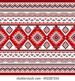 Ethnic seamless pattern with black, white, red colors. Inspired by ukrainian slavic traditional colors, motifs. Geometric background. Modern abstract wallpaper. For design of paper, textile. Vector.