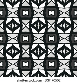 Ethnic Seamless Pattern. Ethnic Black And White Boho Ornament. Graphic Repeating Background. Geometric Tribal Art Print. Fabric, Cloth Design, Wrapping, Swimwear Print. Graphical Hand Drawn Pattern.