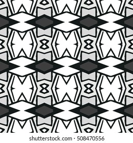 Ethnic Seamless Pattern. Ethnic Black And White Boho Ornament. Graphic Repeating Background. Geometric Tribal Art Print. Fabric, Cloth Design, Wrapping, Swimwear Print. Graphical Hand Drawn Pattern.