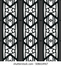Ethnic Seamless Pattern. Ethnic Black And White Boho Ornament. Graphic Repeating Background. Geometric Tribal Art Print. Fabric, Cloth Design, Wrapping, Swimwear Print. Graphical Hand Drawn Pattern.