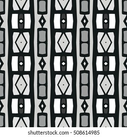 Ethnic Seamless Pattern. Ethnic Black And White Boho Ornament. Graphic Repeating Background. Geometric Tribal Art Print. Fabric, Cloth Design, Wrapping, Swimwear Print. Graphical Hand Drawn Pattern.