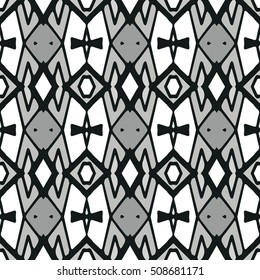 Ethnic Seamless Pattern. Ethnic Black And White Boho Ornament. Graphic Repeating Background. Geometric Tribal Art Print. Fabric, Cloth Design, Wrapping, Swimwear Print. Graphical Hand Drawn Pattern.
