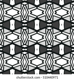 Ethnic Seamless Pattern. Ethnic Black And White Boho Ornament. Graphic Repeating Background. Geometric Tribal Art Print. Fabric, Cloth Design, Wrapping, Swimwear Print. Graphical Hand Drawn Pattern.