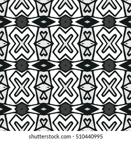 Ethnic Seamless Pattern. Ethnic Black And White Boho Ornament. Graphic Repeating Background. Geometric Tribal Art Print. Fabric, Cloth Design, Wrapping, Swimwear Print. Graphical Hand Drawn Pattern.