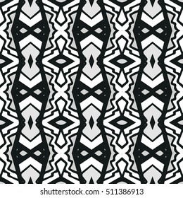Ethnic Seamless Pattern. Ethnic Black And White Boho Ornament. Graphic Repeating Background. Geometric Tribal Art Print. Fabric, Cloth Design, Wrapping, Swimwear Print. Graphical Hand Drawn Pattern.