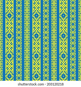 ethnic seamless pattern. blue background and yellow borders, vector illustration 