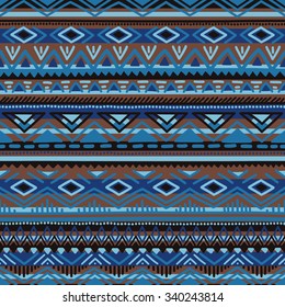 Ethnic seamless pattern. Blue, brown and black striped elements.