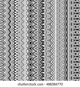 Ethnic seamless pattern. Boho repeating ornament. Black and white doodle hand drawn outline background. Borders, ribbons, frames, brush lines set.