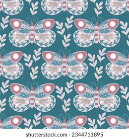 Ethnic seamless pattern with butterflies and herbs