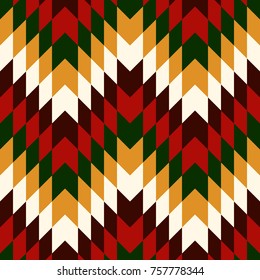 Ethnic seamless pattern with chevron lines. Native americans ornament. Tribal motif. Christmas traditional colors mosaic wallpaper. Boho chic digital paper, textile print, page fill. Vector art