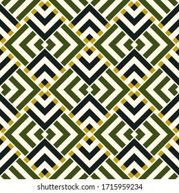 Ethnic seamless pattern. Chevrons, curves, angle brackets, checks, squares, tiles, rhombuses, diamonds ornament. Folk wallpaper. Ethnic ornate. Tribal motif. Ethnical mosaic. Vector, textile print.