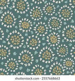 Ethnic seamless pattern with circle motif. Abstract geometric pattern on green background. Designed for wallpaper, textile, wrapping paper, fabric print.