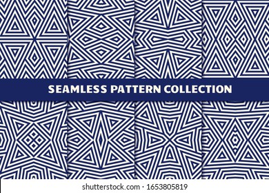 Ethnic seamless pattern collection. Folk, tribal design backgrounds set. Eclectic striped print kit. Mirrored geometric ornaments. Vector geo digital paper, abstract wallpaper