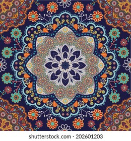 Ethnic seamless pattern. Colorful floral mandala walppaper. Vector clipart. Decorative indian backdrop. Flowers arabian background. Folk pattern. Indian decoupage