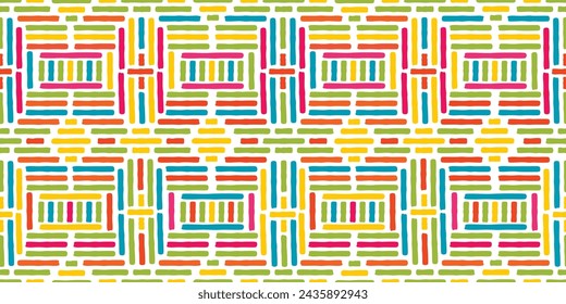 Patrón sin fisuras étnico de rayas dibujadas a mano coloridas.Fondo geométrico abstracto o textura para imprimir en tela y papel.Fondo de pantalla sin fin, cover.Blue, rosa, amarillo y verde colores en blanco.