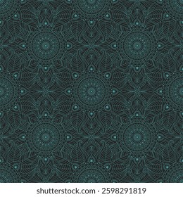 Ethnic seamless pattern in dark color palette with green floral and abstract patterns on black background. Mystical, sacred, natural motifs and abstract ornaments.