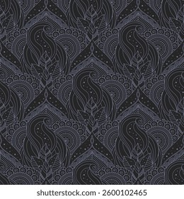 Ethnic seamless pattern in dark colors with leaves and abstract designs. Natural motifs and abstract decorations inspired by oriental, Indian and Asian styles.