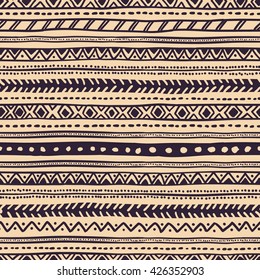 Ethnic seamless pattern. The dark horizontal stripes on a beige background. Vector illustration drawn by hand.