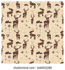 Ethnic Seamless Pattern with Deer. Vector Design of Colorful Background for Wallpaper, Card or Invitation, Packaging, Fabric Print, Decoration – Vector. 