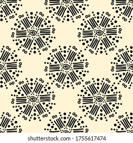 Ethnic seamless pattern . Doodle art design elements. Ancient tribal symbols. Ritual screen printing of African peoples and tribes.
