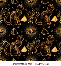 Ethnic seamless pattern with egyptian goddess Bastet, pyramids, ornaments, moon and constellation. Alchemy and astrology vibes.