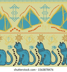 Ethnic seamless pattern with egyptian goddess Bastet, pyramids, ornaments.