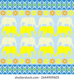 Padrão étnico perfeito com elefantes e flores. História tribal. Ilustração vetorial. Padrão de pixel. Ponto de costura padrão. Ideias para papel de parede, azulejos, cerâmica e têxteis.