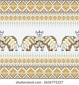 Patrón étnico sin fisuras con elefantes en estilo tribal. Patrón geométrico étnico sin fisuras. Estilo navajo con elefante. Ilustración vectorial. Idea para frontera elaborada y textiles.