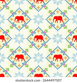 Padrão étnico perfeito com elefantes. História tribal. Ilustração vetorial. Padrão de pixel. Ponto de costura padrão. Ideias para papel de parede, azulejos, cerâmica e têxteis.