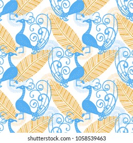 Ethnic seamless pattern with fantasy stylized birds and leaves on white background. Good for design fabrics, backgrounds, wrapping paper, package, covers.