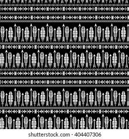 Ethnic seamless pattern, feathers, arrows. Tribal art boho print, border ornament. Background texture, decoration