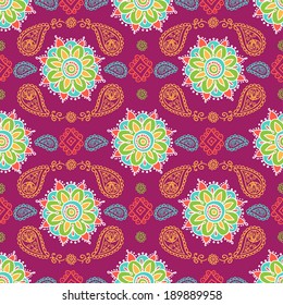 Ethnic seamless pattern. Floral pattern background with indian ornament.