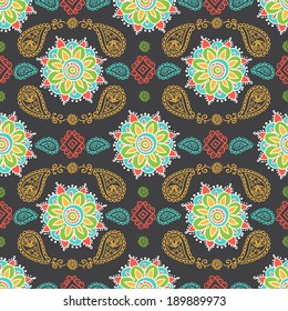 Ethnic seamless pattern. Floral pattern background with indian ornament.
