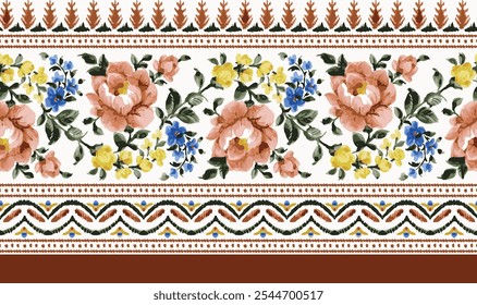 desenho de borda floral padrão sem costura étnica. flor sem costura paisley border.watercolor arte para saree border. ilustração vetorial de flor botânica.