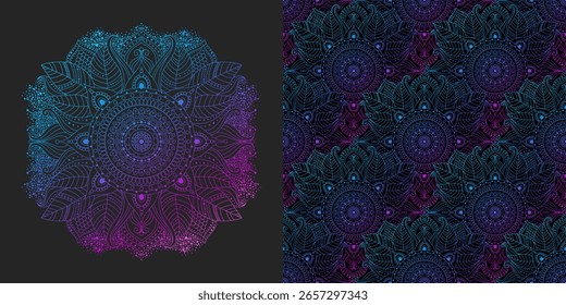 Ethnic seamless pattern and flower mandala in a psychedelic palette with pink, purple and blue gradients. Floral and abstract designs with oriental, indian, asian motifs.