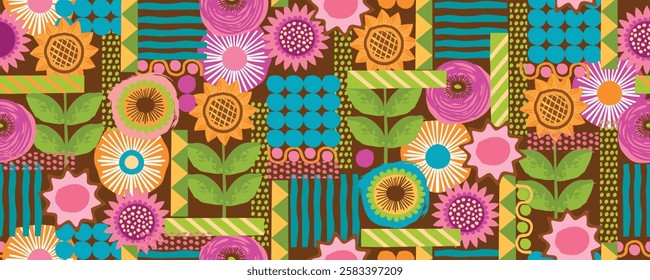 Ethnic  seamless pattern with flowers and geometric shapes. Colorful abstract background with free hand painted circles, stripes, triangles. Floral modern print on fabric and paper. Vector design.