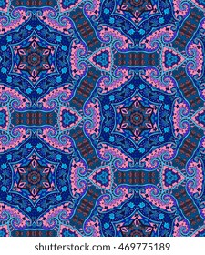 Ethnic seamless pattern with flowers and paisley in pink and blue tones -2. Indian, arabic, moroccan motives.