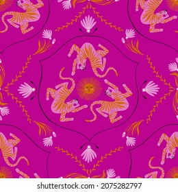 Ethnische nahtlose Muster mit Folkloretigern. Böhmisches Stoffdesign. Farbige exotische Tapeten mit Blumen oder Geschenkverpackungen.